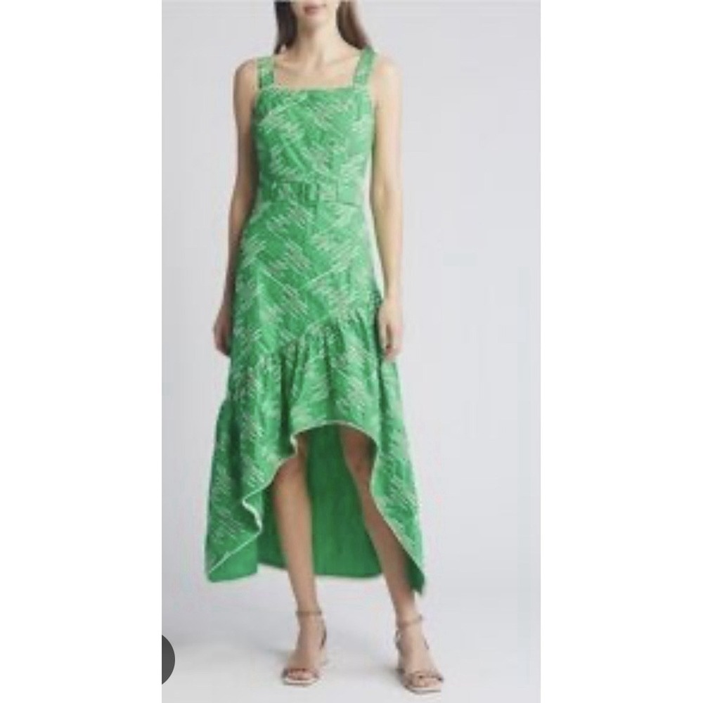 Ciebon‎ Green Embroidered Cotton Midi Dress Belted Asymmetrical Hem Size L